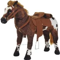 homcom cheval debout en peluche effets sonores hennissement et galop selle étrier rênes 85l x 28l x 60h marron blanc