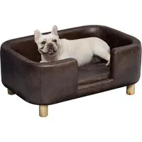 pawhut canapé chien lit pour chien chat avec rebord coussin moelleux pieds bois massif dim. 74 x 48,5 x 31 cm revêtement micro-fibre chocolat