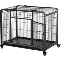 pawhut cage pour chien pliable porte avec loquets couvercle ouvrant grille inférieure amovible plateau amovible inclus 4 roulettes avec frein métal 