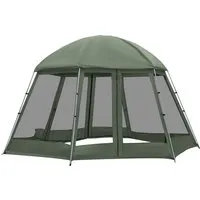 outsunny tente de camping randonnée hexagonale pour 6 à 8 personnes avec sac de transport et piquets de sol dim. 493l x 493l x 240h cm vert foncé