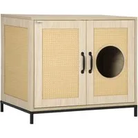 pawhut meuble maison de toilette pour chat 2 en 1 niche litière chat avec double porte châssis acier panneaux particules aspect bois clair