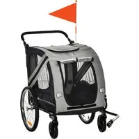 pawhut remorque vélo poussette pour chien 2 en 1 pliable tissu oxford réflecteurs et drapeau - 140 x 72,5 x 108 cm - gris et noir