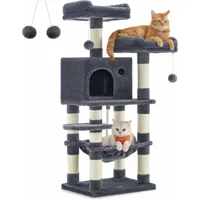 arbre à chat hauteur 112 cm, tour de jeux pour chat, avec 11 poteaux à griffer, 2 plateformes, 1 niche, 1 hamac, 2 pompons, en tissu peluche, plusieurs niveaux, gris foncé pct215g01