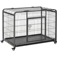 pawhut cage pour chien pliable cage de transport sur roulettes 2 portes verrouillables plateau amovible dim. 109,5l x 71l x 78h cm métal gris foncé