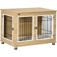 pawhut cage pour chien animaux cage de chien sur pied avec coussin table d'appoint avec plateau amovible acier aspect bois - 90 x 58 x 65 cm