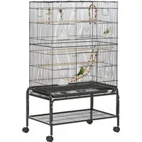pawhut cage à oiseaux sur pieds roulettes avec 4 mangeoires et 3 perchoirs 79 x 49 x 133 cm noir   aosom france