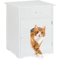armoire chats tiroir, maison chats, commode pour chats, toilette chats en bois, hlp 63,5x52x48cm, blanc - relaxdays