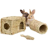 relaxdays - lot de 3 accessoires pour petits animaux, maison herbe, tunnel & carotte paille, lapin, cochon d'inde, nature