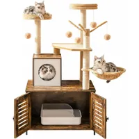 arbre à chat avec maison de litière pour chat, maison pour chat en bois avec tour à chat, bâton de chat taquin à pompon amovible, piliers en sisal, marron rustique ebf14mz03